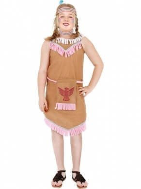 Indiaan Meisjes Verkleedkleding. Inbegrepen is de Indianenjurk met vogel badge en hoofdband.
