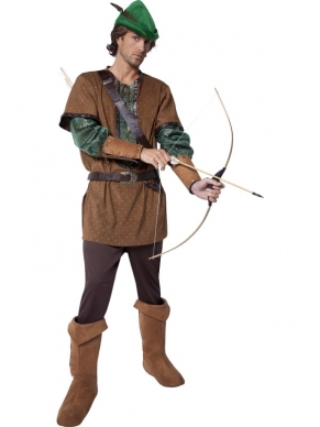 Tales of Old England Robin Hood Heren Kostuum. Compleet kostuum met broek, shirt, riem, robin hood muts en hoesen voor over je schoenen. Mooi kwaliteit kostuum voor carnaval of andere themafeesten.