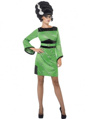 Frankensteins Girl Dames Verkleedkostuum met de Groene jurk met zwarte details. De pruik verkopen we los. Geweldige outfit voor Carnaval, Halloween of andere themafeesten. 