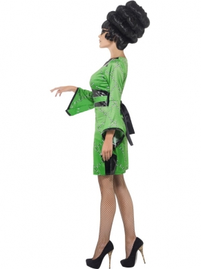 Frankensteins Girl Dames Verkleedkostuum met de Groene jurk met zwarte details. De pruik verkopen we los. Geweldige outfit voor Carnaval, Halloween of andere themafeesten. 