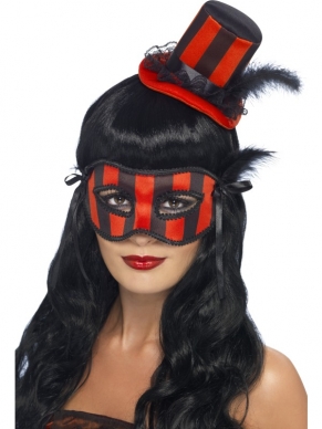 Rood Zwart Burlesque Hoedje en Oogmasker: rood - zwart gestreept hoedje met veer op diadeem en bijpassend oogmasker. Dit setje is ook verkrijgbaar in andere kleuren.