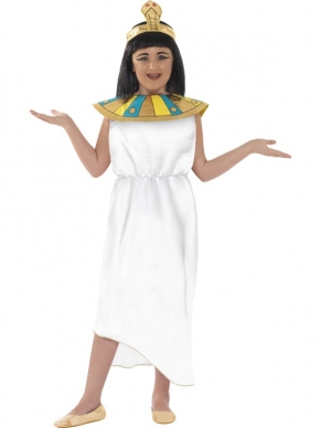 Historisch Egyptisch Meisje Cleopatra Verkleedkostuum. Inbegrepen is de witte met gekleurde kraag en de goudkleurige kroon. 