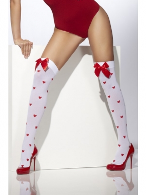 Witte Hold-Up Kousen met Hartjes Print en Rode Strik. Deze kousen komen tot uw bovenbenen. Leuk voor Valentijd of voor bij een verkleedkostuum. 
