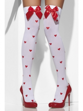Witte Hold-Up Kousen met Hartjes Print en Rode Strik. Deze kousen komen tot uw bovenbenen. Leuk voor Valentijd of voor bij een verkleedkostuum. 