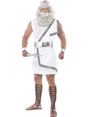 Zeus Griekse God Heren Verkleedkostuum. Inbegrepen is de witte toga, de riem, de haarband, armbanden en de bliksemschicht. Om dit kostuum helemaal af te maken verkopen we de pruik met korting in onze webshop. Leuk kostuum voor Carnaval en andere themafeesten. 