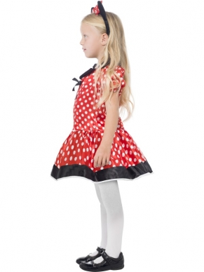 Schattige Minnie Mouse Kinder Kostuum. Inbegrepen is de schattige rode jurk met witte stippen, riem en de haarband met minnie mouse oren. Leuk voor Carnaval en andere verkleedfeestjes. 