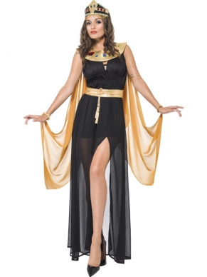 Koningin Queen of the Nile Verkleedkostuum in het zwart. Dit mooie kostuum is aan de voorkant gesplit. Leuk voor diverse themafeesten zoals carnaval of een oosters feest. De riem, kraag en het hoofdstuk zitten bij het kostuum ingebrepen.