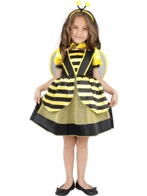 Schattige Bij Meisjes Verkleedkleding. Mooi zwart/geel bijenjurkje met vleugels, halsband en haarband met voelsprieten.
