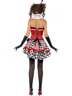 Fever Boutique Clown Cutie Dames Kostuum Carnaval Verkleedkleding. Mooi compleet kostuum met rok, corset, witte kraag en het hoedje. De kousen verkopen we los. 