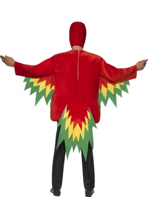 Zoek je een apart verkleedkostuum voor Carnaval of andere themafeesten. Wat dacht je van dit Kleurrijk Papegaaien Heren Verkleedkostuum? Inbegrepen is de rode jumpsuit met kleuren en de hoody met papegaaienkop. Dit kostuum is 1 maat (one size fits most). 