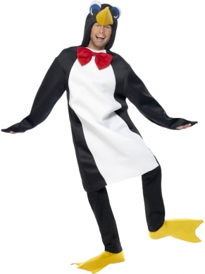 Pinguin Kostuum - compleet Pinguin kostuum, inclusief pinguin bodysuit met rode strik en gele bootcovers.