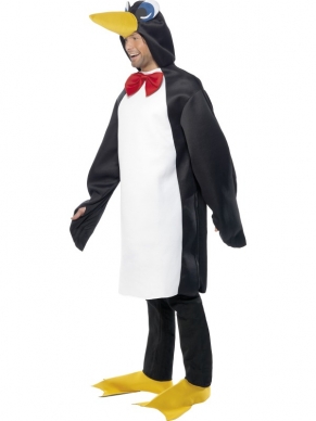 Pinguin Kostuum - compleet Pinguin kostuum, inclusief pinguin bodysuit met rode strik en gele bootcovers.