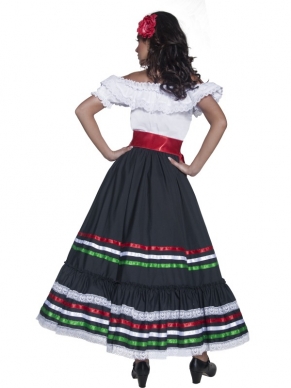 Authentic Western Sexy Senorita Carnavalskleding met jurk die voorzien is van kleurrijke strepen. De rode sherp zit erbij en de waaier wordt bij de kleding met een korting aangeboden. Leuk om bij bijvoorbeeld een Spaans themafeest of Carnaval aan te hebben!