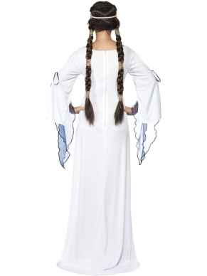 Super mooi kostuum uit de Tales of Old England: Medieval Maid Dames Verkleedkostuum. Inbegrepen is de mooie lange witte jurk, de riem en de haarband. Mooi compleet kostuum. We verkopen ook mooie bijpassende pruiken. 