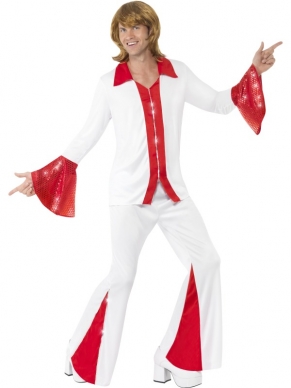 Te gek Seventies Abba Kostuum: Super Trooper Abba Heren Kostuum met rood wit shirt met uitlopende mouwen en wit rode broek met wijde pijpen. De pruik verkopen we lost. Te gek seventies kostuum voor themafeesten of carnaval. 