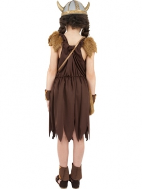 Stoer Viking Meisjes Verkleedkleding. Inbegrepen is de jurk met stukjes nep dierenvel en de armbanden.