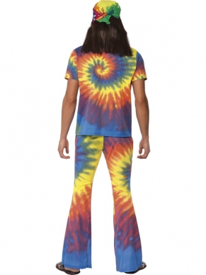 Vrolijk gekleurd kostuum voor sixties en seventies feesten en carnaval. 1960's Tie Dye Hippie Heren Verkleedkostuum met Gekleurde broek en het bijpassende shirt. 