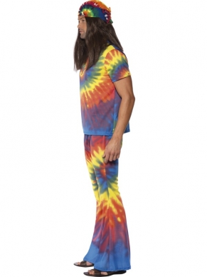 Vrolijk gekleurd kostuum voor sixties en seventies feesten en carnaval. 1960's Tie Dye Hippie Heren Verkleedkostuum met Gekleurde broek en het bijpassende shirt. 