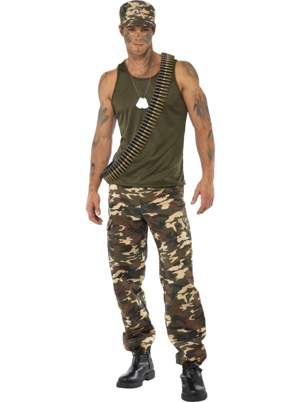 Stoer Camouflage Leger Carnavalskostuum. Khaki Camo Camouflage Heren Leger Kostuum met Shirt en camouflage broek. De leger accessoires verkopen we los. 