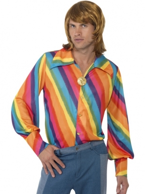 Met dit vrolijke seventies shirt is je hippie seventies outfit zo klaar. Draag het op een spijkerbroek en misschien nog een van onze te gekke pruiken en je bent ready to go. Leuk voor Carnaval en andere verkleedfeesten. 