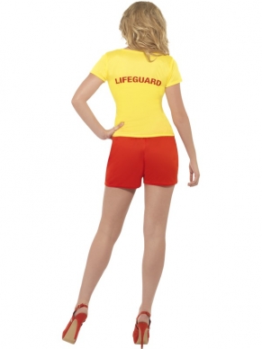 Sexy verkleedkleding voor Carnaval of andere themafeesten: Baywatch Beach Dames Verkleedkostuum. Inbegrepen is het gele shirt met Baywatch en het rode korte broekje met Baywatch logo. De drijver verkopen we los. 