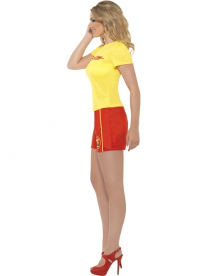 Sexy verkleedkleding voor Carnaval of andere themafeesten: Baywatch Beach Dames Verkleedkostuum. Inbegrepen is het gele shirt met Baywatch en het rode korte broekje met Baywatch logo. De drijver verkopen we los. 