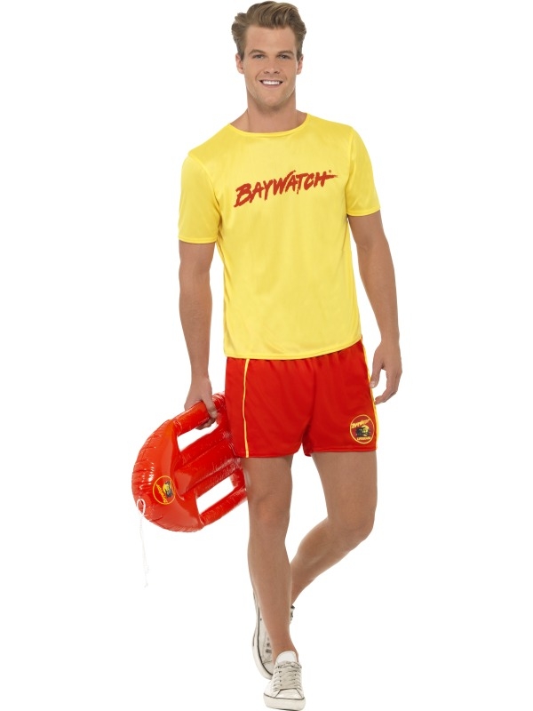 Baywatch Beach Heren Verkleedkleding, bestaande uit een Geel Shirt met Baywatch tekst en rode korte broek Baywatch logo. De drijver verkopen we los. 