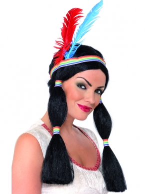 Mooie Zwarte Indianen Pruik met staartjes, haarband en veren. Met deze pruik maak je je indianen outfit compleet. Leuk voor carnaval of andere themafeesten.