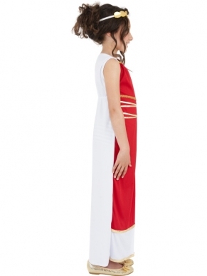 Griekse Godin Meisjes Verkeedkleding. Lange rood/witte jurk met goudkleurige haarband.