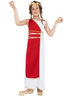 Griekse Godin Meisjes Verkeedkleding. Lange rood/witte jurk met goudkleurige haarband.