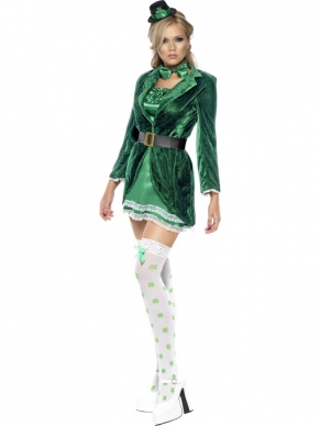 Mooi Verkleedkostuum voor St Patrick's Day met groene jurk en zwart jasje, hoedje, vlinderstrik en de kousen. Compleet kostuum voor St. Patrick's Day of Carnaval. 