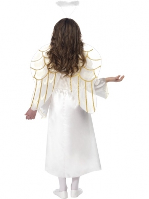 Angel Princess Meisjes Kostuum - mooie witte lange jurk met gouden details, inclusief diadeem met halo.