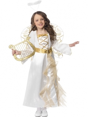 Angel Princess Meisjes Kostuum - mooie witte lange jurk met gouden details, inclusief diadeem met halo.