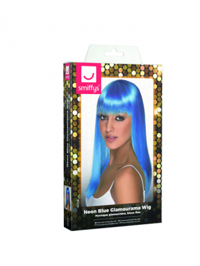 Neon Blauwe Glamourama Pruik van mooie kwaliteit: lange stijle pruik met strakke pony. Deze pruik is verkrijgbaar in diverse kleuren.