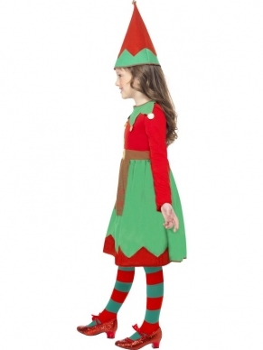 Elf Meisjes Kostuum - compleet Elf kostuum, inclusief rood - groen jurkje met knopen, riem en schortje met de tekst: Santa's little helper en elfenmuts.