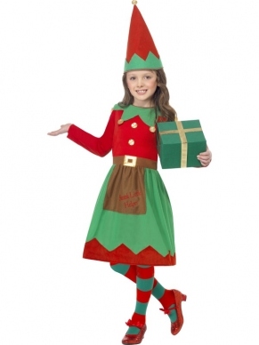 Elf Meisjes Kostuum - compleet Elf kostuum, inclusief rood - groen jurkje met knopen, riem en schortje met de tekst: Santa's little helper en elfenmuts.