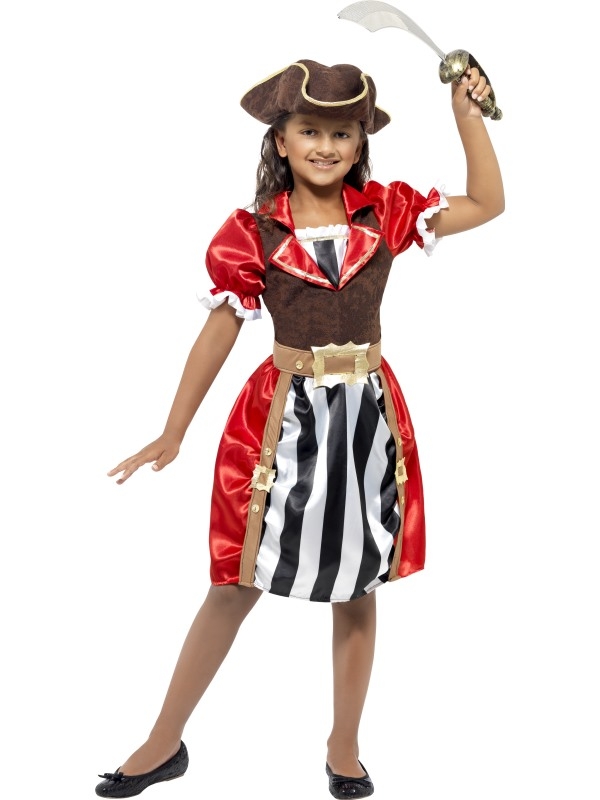 Meisjes Piraten Kapitein Kostuum in het rood. Het piraten kostuum is voorzien van een jurk met vest, hoed en riem.