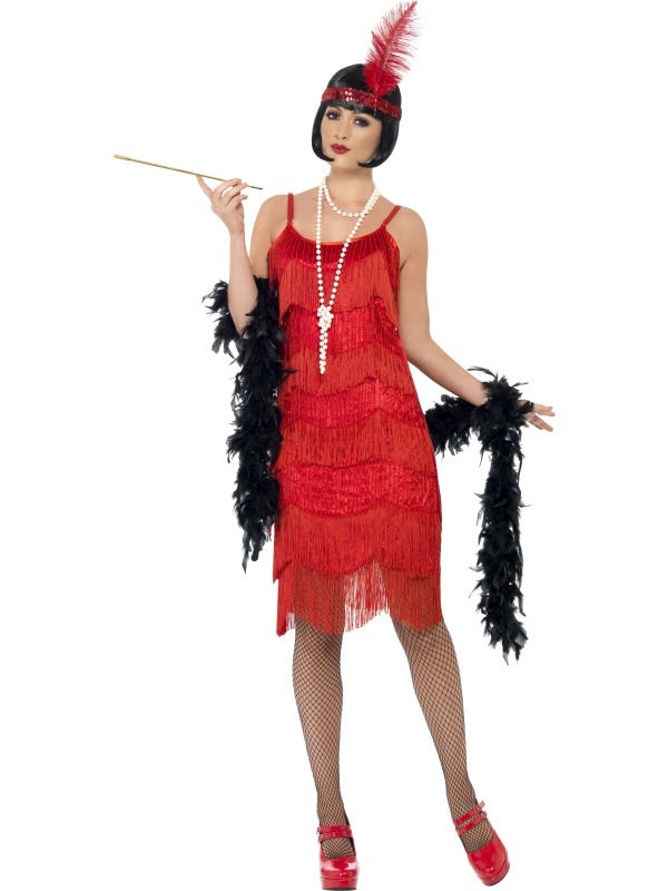 1920's Rode Flapper Shimmy Verkleedkostuum Charlston Thema Verkleedkleding. Mooie rode jurk met franjes en haarband met veer. De accessoires verkopen we los. 