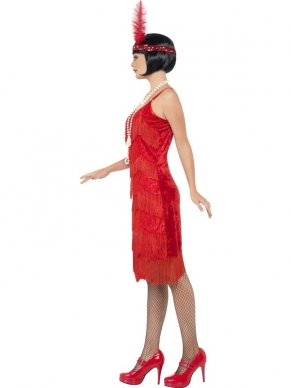 1920's Rode Flapper Shimmy Verkleedkostuum Charlston Thema Verkleedkleding. Mooie rode jurk met franjes en haarband met veer. De accessoires verkopen we los. 