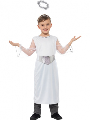 Angel Meisjes Kostuum - mooie witte jurk, inclusief zilveren riem en diadeem met halo.