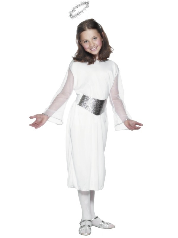 Angel Meisjes Kostuum - mooie witte jurk, inclusief zilveren riem en diadeem met halo.