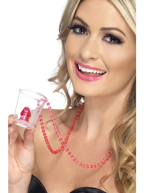 Leuke accessoire voor een vrijgezellenfeest: roze ketting met shot glas met piemel. We verkopen nog veel meer grappige piemel accessoires voor vrijgezellenfeesten. 