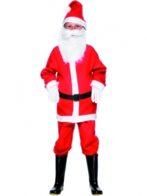 Santa Boy Kerstman Kostuum - compleet Kerstman kostuum met rood - witte jas, rode broek, zwarte riem en kerstmuts.
