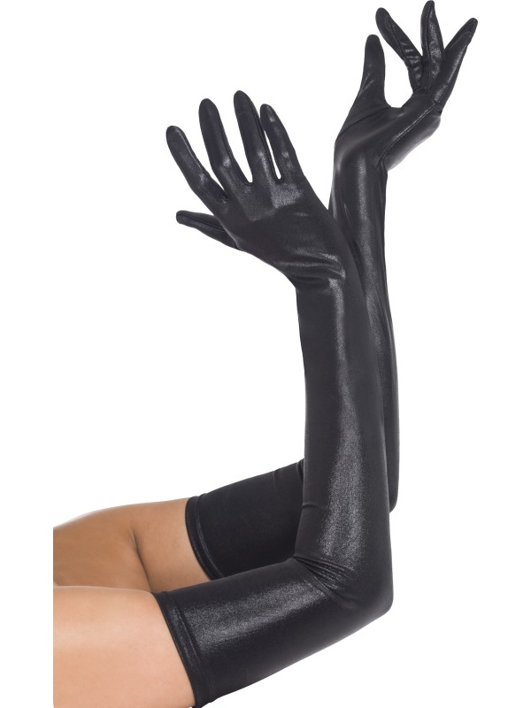 Zwarte Lange Wet Look Handschoenen - 52 cm lang tot over de ellebogen.