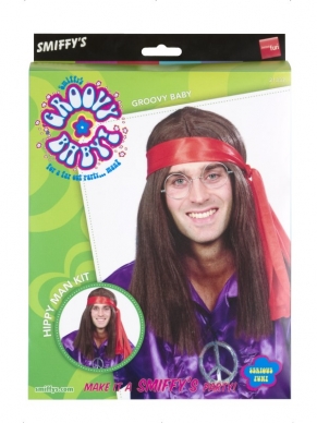 Leuk Hippie Heren Verkleedsetje 4- Delig met Bruine lange stijle pruik, rode haarband, bril en ketting met peace teken. Leuk voor je 60's 70's hippie outfit verkleedkleding. 