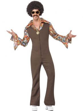 Groovy Boogie Heren Verkleedkostuum met bruin Jumpsuit met shirt met diverse kleuren en figuurtjes (shirt zit aan de jumpsuit vast) Geweldig kostuum voor een sixties of seventies hippie themafeest. De accessoires verkopen we los met hoge kortingen. 