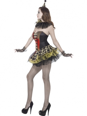 Mooie Kwaliteit Fever Creepy Zombie Clown Dames Kostuum, bestaande uit  de sexy strapless jurk met tutu rokje (rokje in laagjes), het kleine hoedje die u kunt bevestigen dmv een speldje en een kraag. Een eng en tegelijkertijd ook een sexy Halloween kostuum met bloed. 