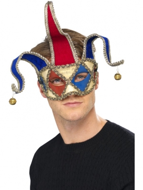 Venetian Musical Jester Oogmasker - mooi gekleurd Venetiaans harlekijn oogmasker met gouden belletjes.
