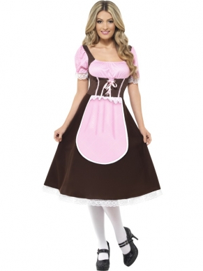 Tavern Girl Oktoberfest Lang Dames Kostuum. Inbegrepen is de lange bruine jurk met lichtroze en roze schort (zit aan de jurk vast). 