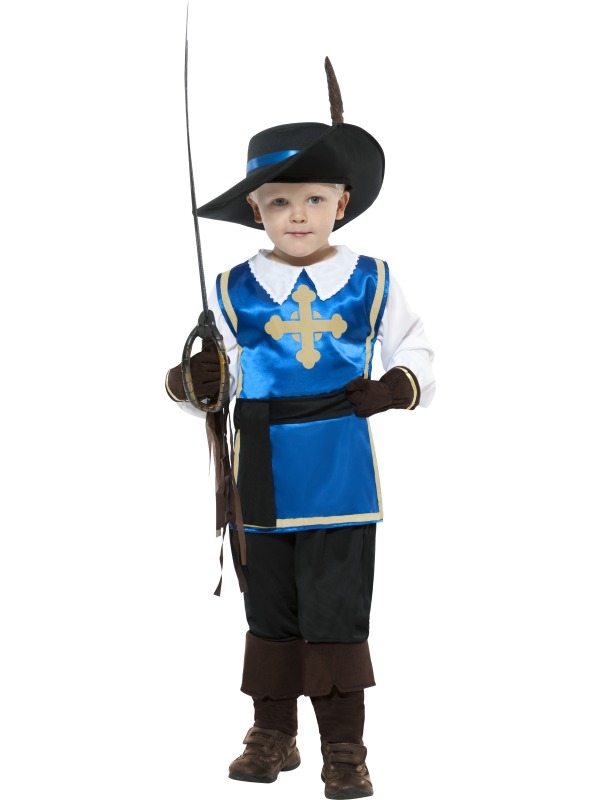 Musketeer Jongens Verkleedkleding. Compleet kostuum met shirt, broek, hoed en handschoenen. Ga met vrienden als de 3 Musketeers!